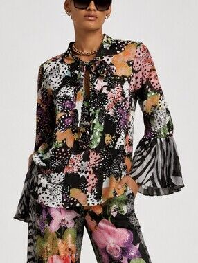 Just Cavalli Orchid & Fish Print Pleats Tie Front Long Flute Sleeve Blouse